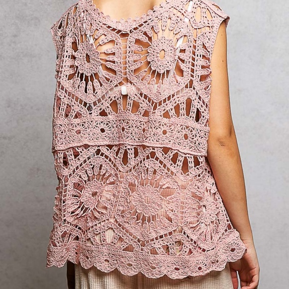 New POL Openwork Floral Crochet SleevelessTank Top Scalloped Oversize Shirt Rose - Picture 7 of 9